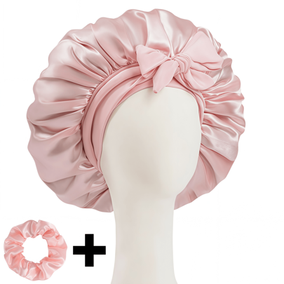 2 Stücke/Set "Geräumiger Raum" luxuriöse einfarbige Satin Haube mit Satin Scrunchies, große weiche seidige Satin Haube zum Schlafen, Satin Haarpflege Nachtmütze mit Bindeband