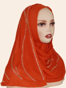 1pc Women's Knitted Jacquard Elastic Fabric Long Scarf, Wave Pattern Rhinestone Crafted Hijab Headscarf, Malaysian Style