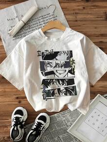 Camiseta de Mujer con Diseño Manga.Estampado Manga Japonés con Divertidos Personajes y Expresiones.Estilo Casual y Original para tu Look Diario. - Blanco - Ver 1