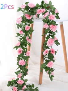 Nejlue Artificial Flowers/Plants1111 Home & Living 1/2 件装人造玫瑰藤蔓假花环，带绿叶，适用于家居装饰、房间装饰、花园装饰、墙面装饰、室内/室外装饰、卧室装饰、婚礼装饰、餐桌装饰、派对装饰、生日装饰、圣诞节装饰、圣诞树装饰、圣诞花环 - 粉色 - 查看 8