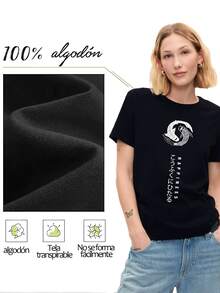 Camiseta de Mujer Estampada con Diseño de Peces Koi Yin Yang y Textos Japoneses,Camiseta Casual de Algodón Suave y Estilo Moderno - Negro - Ver 3