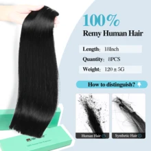 Przedłużki do włosów na klipsy z naturalnych włosów, 18 cali, 100% Remy, dla kobiet, niewidoczne, proste, bezszwowe, 8 szt., podwójna osnowa #1B