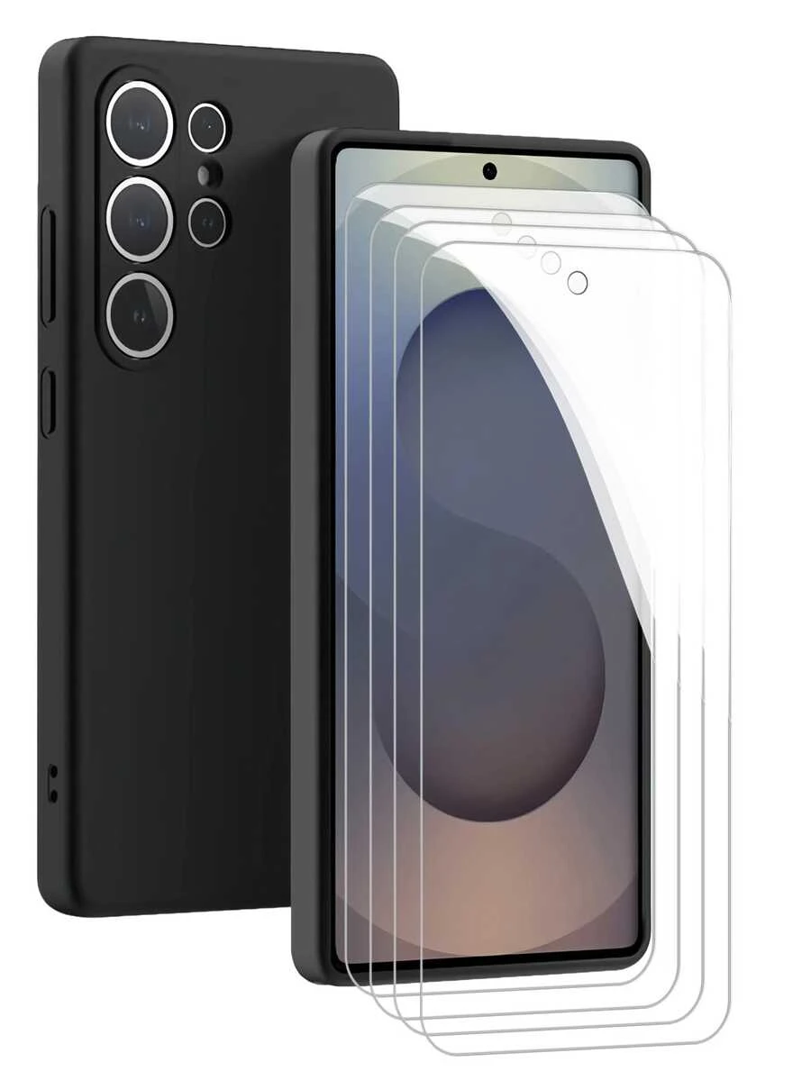 5 Stück Handy Schutzset, bestehend aus 4 Stück kratzfeste gehärtete Glas Bildschirmschutzfolien und 1 Stück schwarze matte stoßfeste Hülle. Essentielle Bildschirmschutzartikel für täglichen Gebrauch, Büro und Zuhause. Wasserdicht, stoßfest, kratzfest.