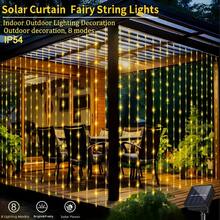 300 LED Solar Powered Window Curtain Lights, 8 Lighting Modes Fairy Lights, Christmas Decorative Lights, Suitable For Wedding, Outdoor Garden, Holiday, Wedding, Wall, Halloween, Outdoor Patio Decor