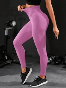 Anivas deportiva Mallas liso de entrenamiento de unicolor, sin costuras, - Rosa - Ver 5