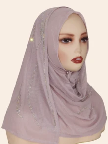1pc Women's Knitted Jacquard Elastic Fabric Long Scarf, Wave Pattern Rhinestone Crafted Hijab Headscarf, Malaysian Style