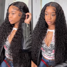 NATAN 36英寸长深卷曲巴西人发混纺无胶假发,13x4高清蕾丝前额假发,湿润波浪蕾丝前额假发,预先拔毛的人发蕾丝前额假发,180%浓密密度真发 - 自然色&黑色系 - 查看 5