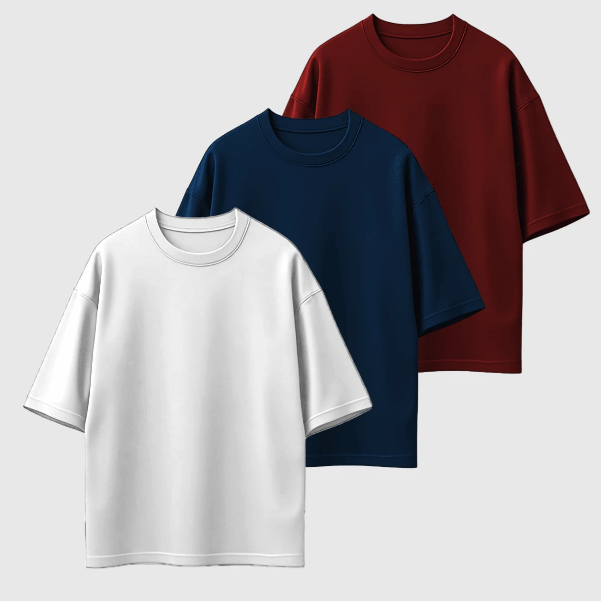 Kit 03 Men's Oversized T-Shirt High Neck Malhão Premium Fabric - Trắng Xanh Đỏ - Xem 1
