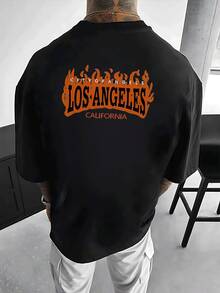 Men's DoubleSided Tee With Los Angeles Flame Graphic, Cool Casual Style TShirt For Daily Wear , Fashionable Printed Top