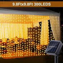 300 LED Solar Powered Window Curtain Lights, 8 Lighting Modes Fairy Lights, Christmas Decorative Lights, Suitable For Wedding, Outdoor Garden, Holiday, Wedding, Wall, Halloween, Outdoor Patio Decor