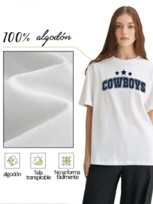Camiseta de Mujer con Estampado de Estrellas y Letras,Diseño Casual y Cómodo,Ideal Para el Verano - Blanco - Ver 3
