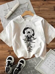 Camiseta de mujer con diseño artístico de guerrero samurái y círculo zen en tinta,ideal para un look casual y con estilo. - Blanco - Ver 1