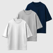 Kit 03 Men's Oversized T-Shirt High Neck Malhão Premium Fabric - Trắng Xám Xanh - Xem 1
