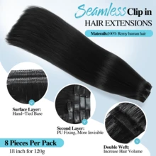 Przedłużki do włosów na klipsy z naturalnych włosów, 18 cali, 100% Remy, dla kobiet, niewidoczne, proste, bezszwowe, 8 szt., podwójna osnowa #1B