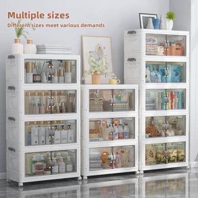 A Super Practical Multi-Layer Folding Storage Cabinet With Lid, Optional: 2/3/4/5 Layers, Detachable Casters For Easy Organization And Movement, Double Door Design Saves Space - Suitable For Bedrooms, Living Rooms, Entryways, Kitchens, Garages, Studies, Hospitals, Etc.