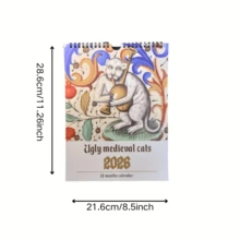 2025/2026 丑陋的中世纪猫咪挂历 - 12 个月纸质计划器，带有受历史手稿启发的古怪猫咪艺术品，适合圣诞节和新年礼物 - 多色 - 查看 8