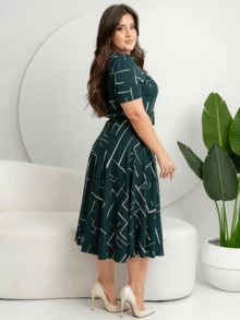 GODÊ MIDI DRESS WITH SHORT SLEEVE BELT AND GEOMETRIC PRINT - 綠色 - 查看 2