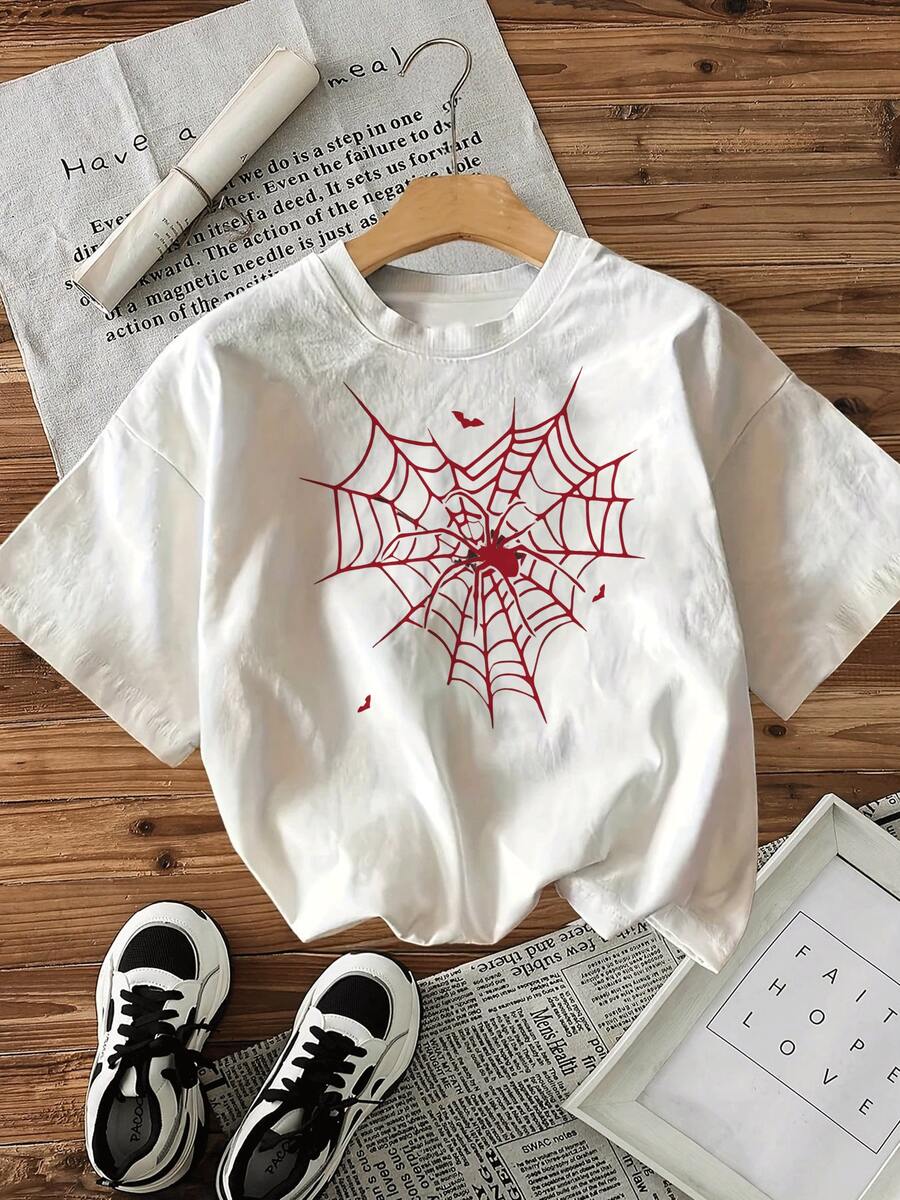 Camiseta Casual para Mujer con Estampado de Tela de Araña Roja – Diseño Original y Cómodo,Ideal para un Look Moderno y Atrevido. - Blanco - Ver 1