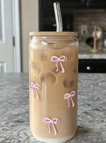 1个16.9盎司带盖吸管杯，蝴蝶结装饰，杯型水瓶，适用于冰咖啡、茶、果汁、牛奶，生日礼物，冷热饮杯，情人节礼物 - 彩色 - 查看 2