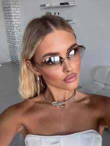 Unisex Retro Y2K Summer Fashion Frameless Oval Glasses With Metal Hinges, Comfortable & Ultra-Light Large Size Metal Glasses Vacation Outfits Women Oval Shape Shades - Multicolor - View 2