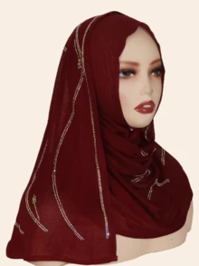 1pc Women's Knitted Jacquard Elastic Fabric Long Scarf, Wave Pattern Rhinestone Crafted Hijab Headscarf, Malaysian Style
