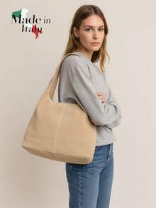 Genuine Italian Suede Women's Handbag, Large Suede Shopping Bag, Large-Capacity Vintage College-Style Shoulder Bag, Women's Daily Bag, Fashion Handbag, Large Shoulder Bag, Casual And Versatile Style, Solid-Color Large-Capacity Shoulder Bag, Women's Designer Handbag - Khaki - View 1