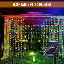 300 LED Solar Powered Window Curtain Lights, 8 Lighting Modes Fairy Lights, Christmas Decorative Lights, Suitable For Wedding, Outdoor Garden, Holiday, Wedding, Wall, Halloween, Outdoor Patio Decor