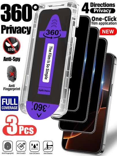 Yezodawee 3片装360°隐私钢化玻璃屏幕保护膜，含安装工具包和自动对齐工具，兼容 17 Pro Max/17 Pro/17 Air/17/16 Pro Max/16 Pro/16 Plus/16E/16/15 Pro Max/14 Pro Max/13 Mini/12/11系列，全屏覆盖，防指纹，防摔，9H硬度钢化玻璃膜