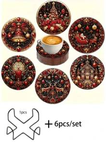 Set de 6 suporturi rotunde pentru pahare și suporturi pentru pahare de Crăciun, cel mai bine vândut, antiderapante și rezistente la căldură, cu eșarfă, om de zăpadă, Moș Crăciun, ren, brad de Crăciun, lumânare, felinar, pahare pentru pahare din lemn, decor de sărbători pentru casă, cadouri pentru petreceri de sărbători, opțiuni multiple