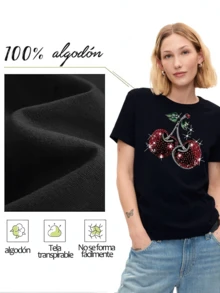 Camiseta de mujer moderna con diseño de cerezas brillantes,estilo casual y cómodo para el día a día,ideal para un look fresco y juvenil. - Negro - Ver 3