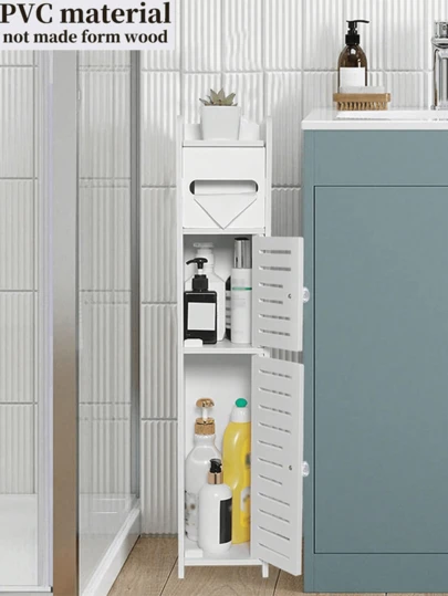 1pc Ultra-Thin Plastic Bathroom Storage Cabinet With Multi-Layer Shelves And Toilet Paper Holder, Suitable For Small Spaces, Can Be Placed Next To Toilet, Multifunctional Toilet Paper Rack, Saves Corner Space, Stores Personal Care Items, Ideal For Home And Dorm