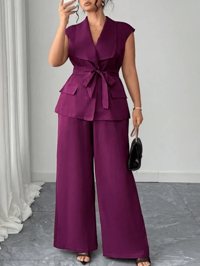 Women's Casual Sleeveless Top With Belt Design & Elastic Waist Wide Leg Pants Set, Elegant For Daily Wear, Commuting, Office, Shopping, Spring/Summer