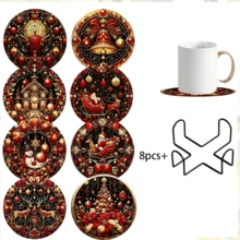 Set de 6 suporturi rotunde pentru pahare și suporturi pentru pahare de Crăciun, cel mai bine vândut, antiderapante și rezistente la căldură, cu eșarfă, om de zăpadă, Moș Crăciun, ren, brad de Crăciun, lumânare, felinar, pahare pentru pahare din lemn, decor de sărbători pentru casă, cadouri pentru petreceri de sărbători, opțiuni multiple