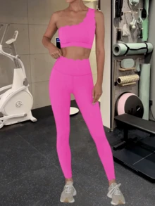 Women's 2 Piece Workout Outfits One Shoulder Sports Bra And High Waisted Leggings Athletic Gym Yoga Sets - Hồng - Xem 1