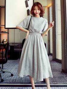 Mujeres sueltas verano falda de cintura larga Skinny Premium coreano de cintura alta estilo universitario vestidos de manga corta - Gris - Ver 3