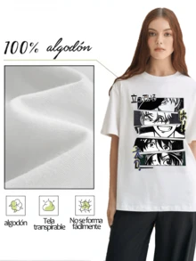 Camiseta de Mujer con Diseño Manga.Estampado Manga Japonés con Divertidos Personajes y Expresiones.Estilo Casual y Original para tu Look Diario. - Blanco - Ver 3