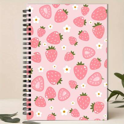 14.5x21cm Strawberry Theme Spiral Notebook - Pink Hard Cover With Cute Strawberry & Floral Design, College Ruled Pages, Perfect Gift For Women, Teachers, Students Or Office Use, Adorable Notebook