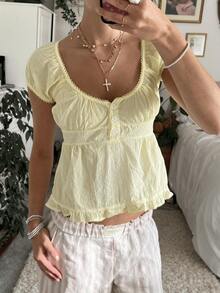 Women Y2k Fairycore Babydoll Shirt Top Plaid/Solid Color Lace Trim V-Neck Short Sleeve Button Front Ruffle Hem Gingham T Shirts Crop Tops Teen Girls Grunge Going Out Tunic Tops Cute Flowy Tee Vintage Aesthetic Clothes Casual Daily Streetwear - Màu vàng - Xem 4
