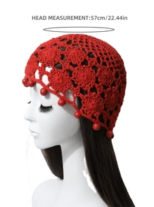 1 件女士时尚手工串珠钩针镂空无檐帽，复古异国风情薄针织头巾，适合春夏季