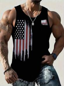 Men's Summer USA Flag Print Round Neck Casual Tank Top - 黑色 - 查看 1