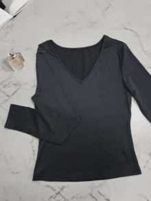 女士V领无袖背心和长袖T恤，纯色修身休闲基础款 - 黑色 - 查看 7