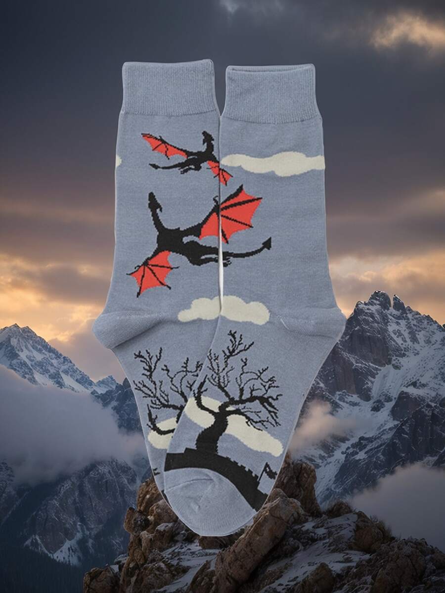1 Pair Men's Ankle Socks With Cool Dragon Pattern Design, Fashion & Versatile, Suitable For Autumn/Winter, Couples Gift, Ideal For Halloween And Christmas