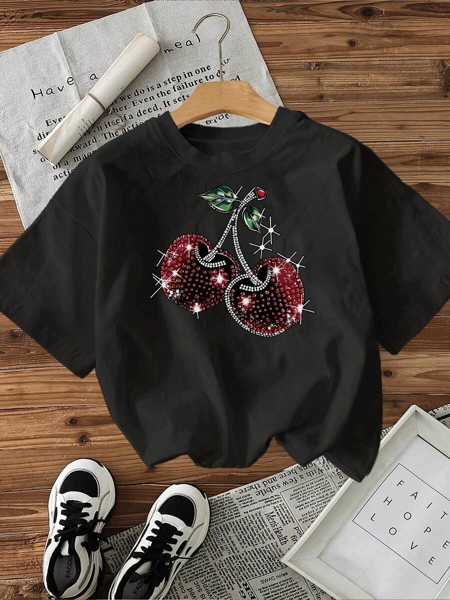 Camiseta de mujer moderna con diseño de cerezas brillantes,estilo casual y cómodo para el día a día,ideal para un look fresco y juvenil. - Negro - Ver 1