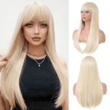 Peluca negra con flequillo para mujeres, peluca negra larga y recta resistente al calor, peluca sintética para uso diario, fiesta, Halloween y cosplay de 24 pulgadas