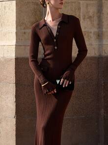 Vestido de suéter de punto elegante y casual, vestido maxi de suéter con bloque de color y cuello francés, vestido elegante y de moda para ir y venir, estilo vintage, atuendo de mujer para la calle y de vuelta a la escuela, adecuado para bodas, reuniones y fiestas - Café integral - Ver 3