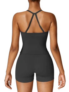 2 PCS Set Women's Sports Suit Vest Fitness Suit Tight Running Vest And Shorts Set High Stretch Fitness Yoga Top Tank Home Casual Comfortable Skin Friendly Suit - 黑色 - 查看 4