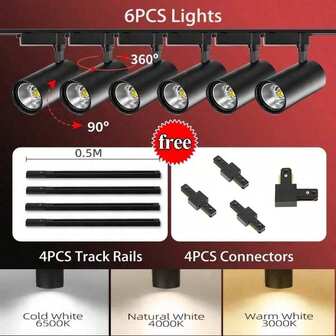 CANMEIJIA 6pcs 40W Track Lights, LED Ceiling Lights, Modern Indoor Ceiling Lights, Black/White, Aluminum Alloy & Plastic Combination, Anti-Rust Lightweight, AC185-265V, 3 Color Temperatures: 6500K White Light/4000K Natural Light/3000K Warm Light, Ceiling Track Lights, COB Track Lights, Spotlights, Suitable For Bedroom, Living Room, Kitchen, Clothing Store, Mall, Exhibition Hall, Gym, Can Freely Combine More Track Lights Based On Your Needs, Track Length 50CM, 1-3 Track Lights Can Be Installed On 1 Track