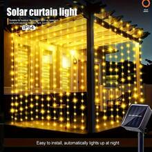 300 LED Solar Powered Window Curtain Lights, 8 Lighting Modes Fairy Lights, Christmas Decorative Lights, Suitable For Wedding, Outdoor Garden, Holiday, Wedding, Wall, Halloween, Outdoor Patio Decor
