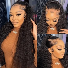 NATAN 36英寸长深卷曲巴西人发混纺无胶假发,13x4高清蕾丝前额假发,湿润波浪蕾丝前额假发,预先拔毛的人发蕾丝前额假发,180%浓密密度真发 - 自然色&黑色系 - 查看 8