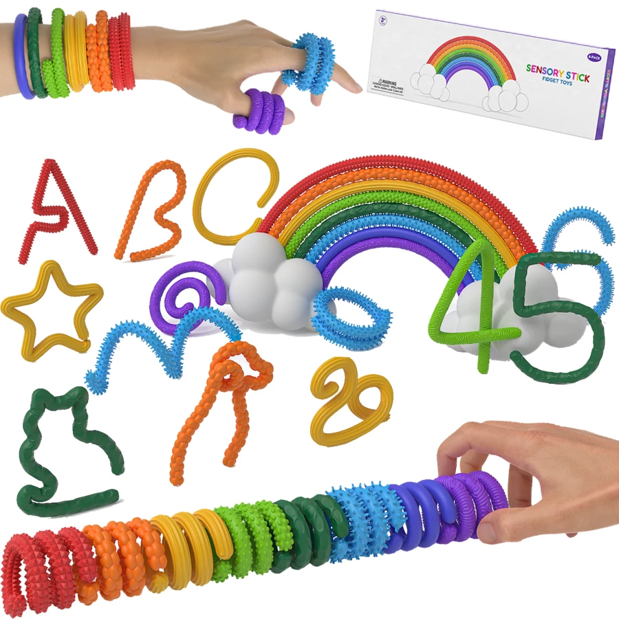 Conjunto de 8 varetas sensoriais texturizadas de silicone flexível - Brinquedos sensoriais antiestresse para crianças e adultos, brinquedos sensoriais para viagem, presentes de pelúcia para adolescentes - | Flexíveis | Moldáveis | Designs divertidos (formato e cor específicos variam)